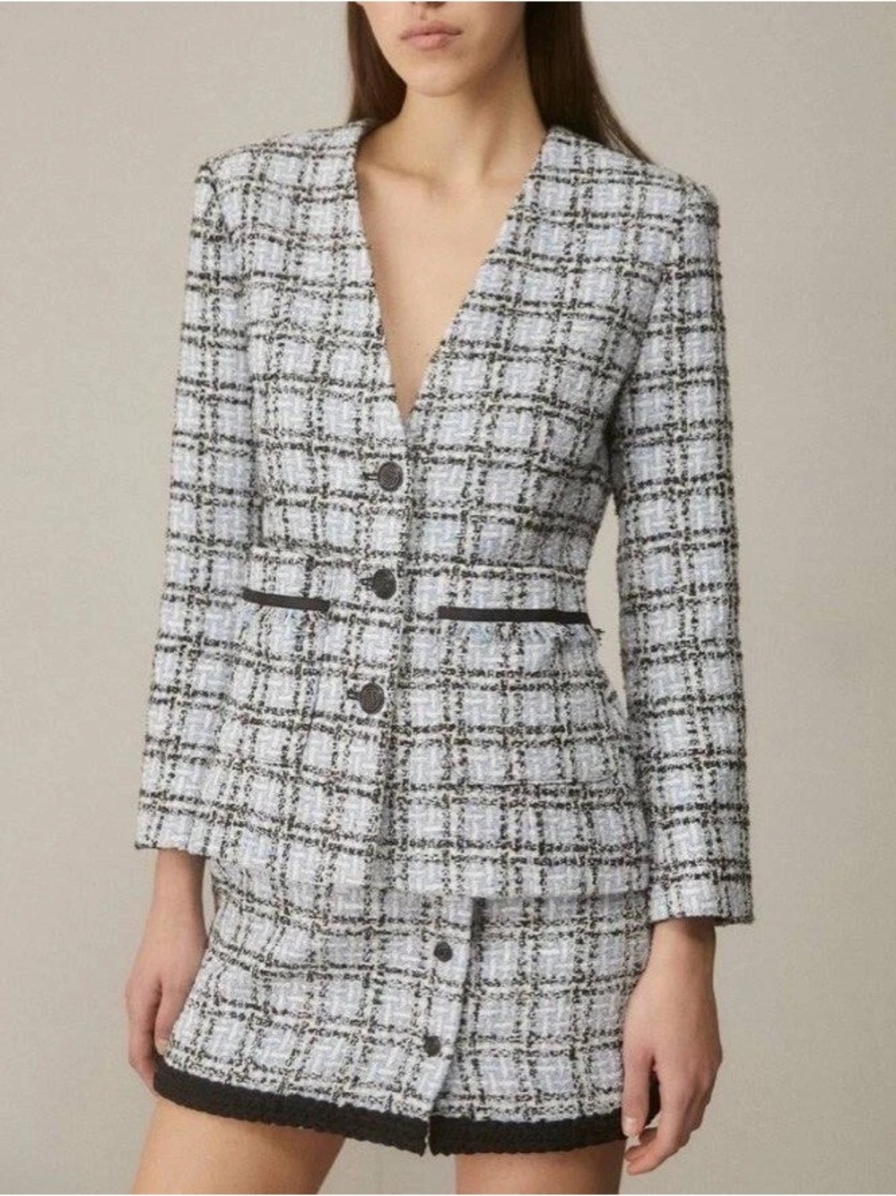 New Maje Light Blue Tweed Blazer Jacket and Skirt Set - Size 38